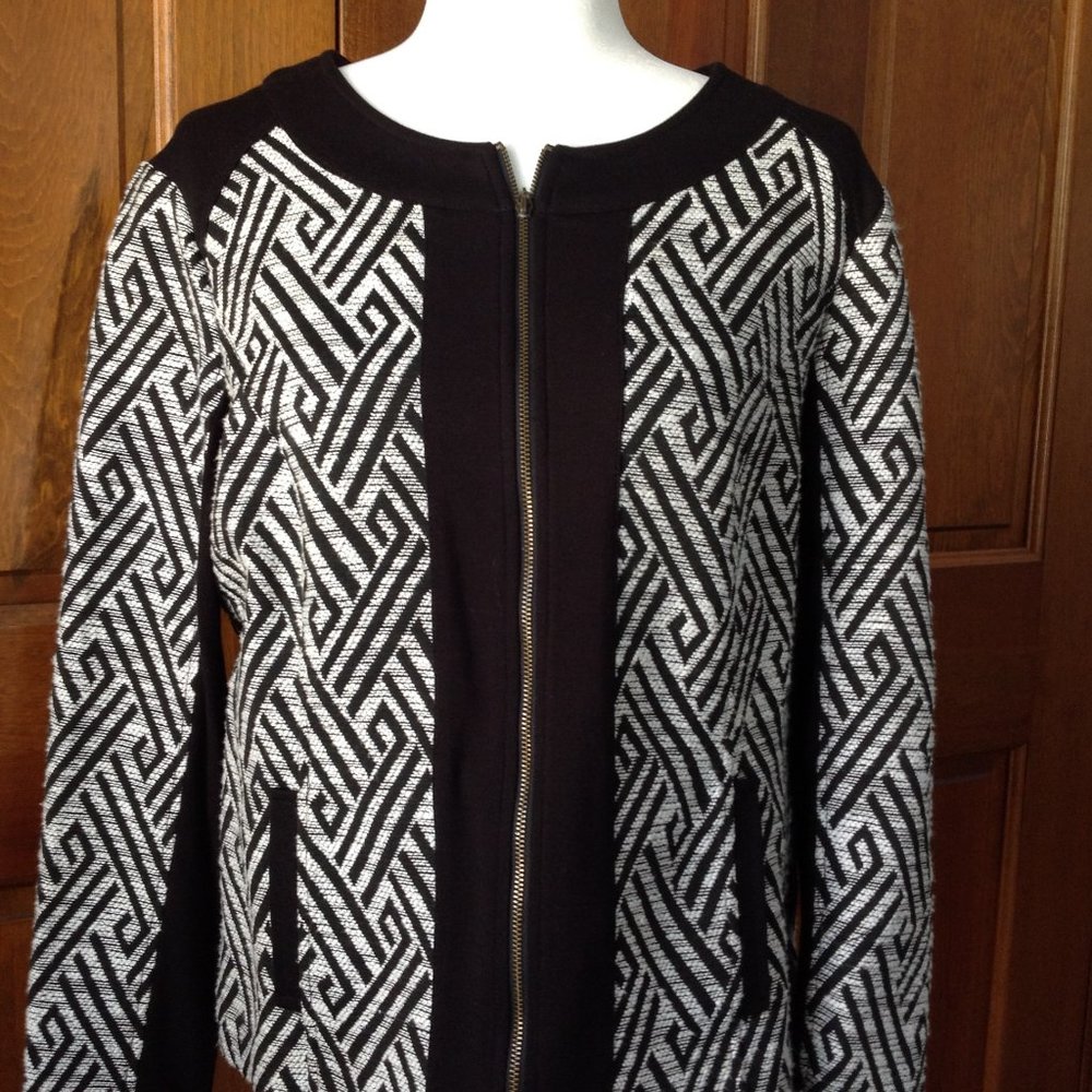 Classy Ruby Red Black & White Long Sleeve Zip Front Jacket w/pockets Size 12